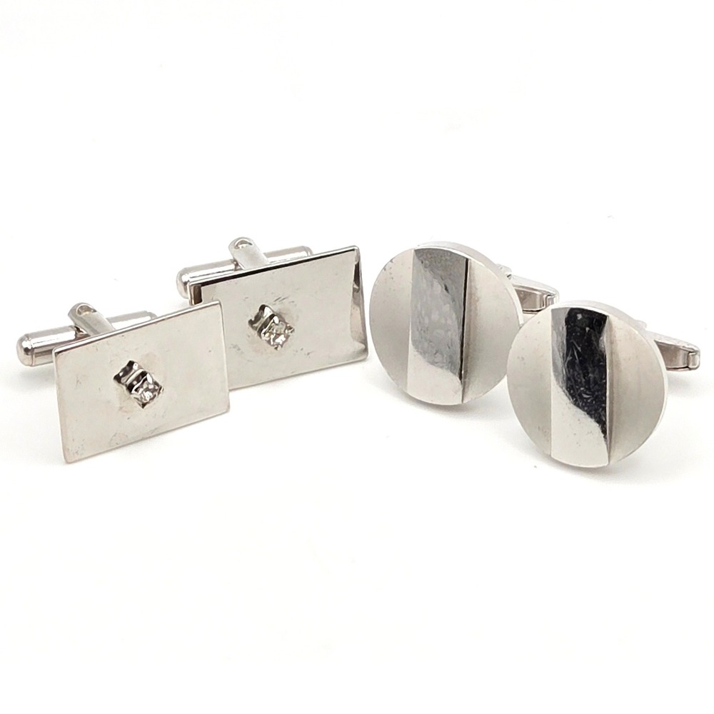 Vintage Silver Tone Round & Rhinestone Rectangle Foster Cufflinks Set of 2 Pairs